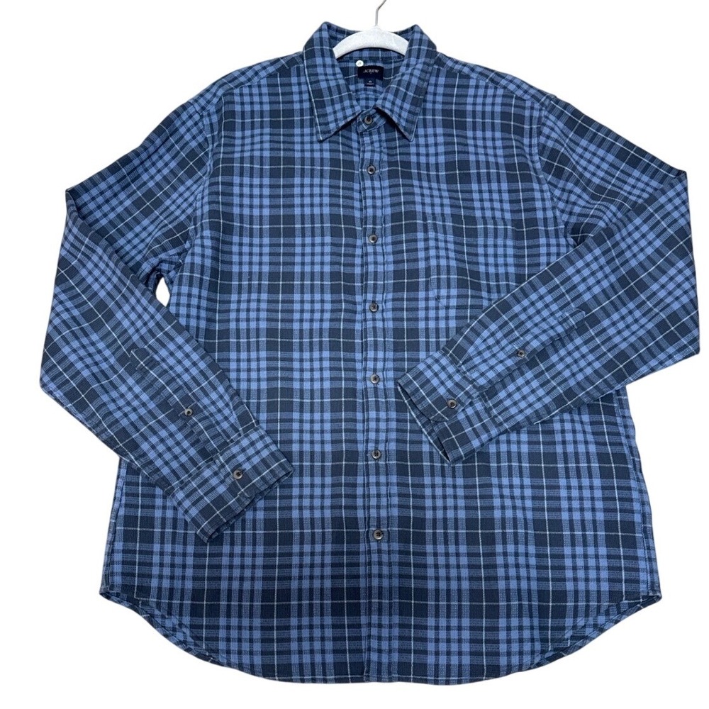 J.Crew Plaid Button Down Mens XL Waffle Weave Blue 100% Cotton